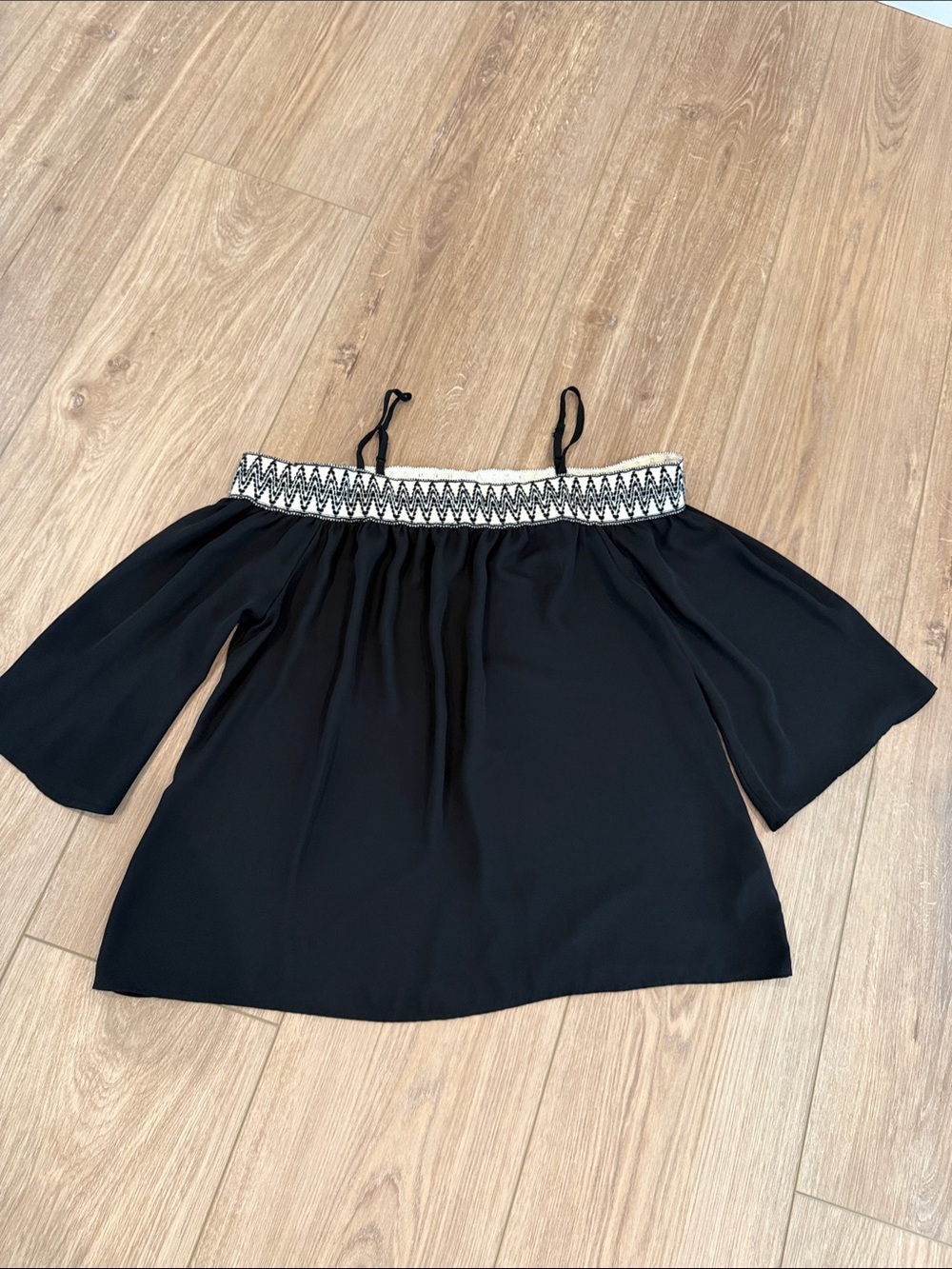 Maurices Black Off-Shoulder Tunic with Ivory Embroidered Yoke